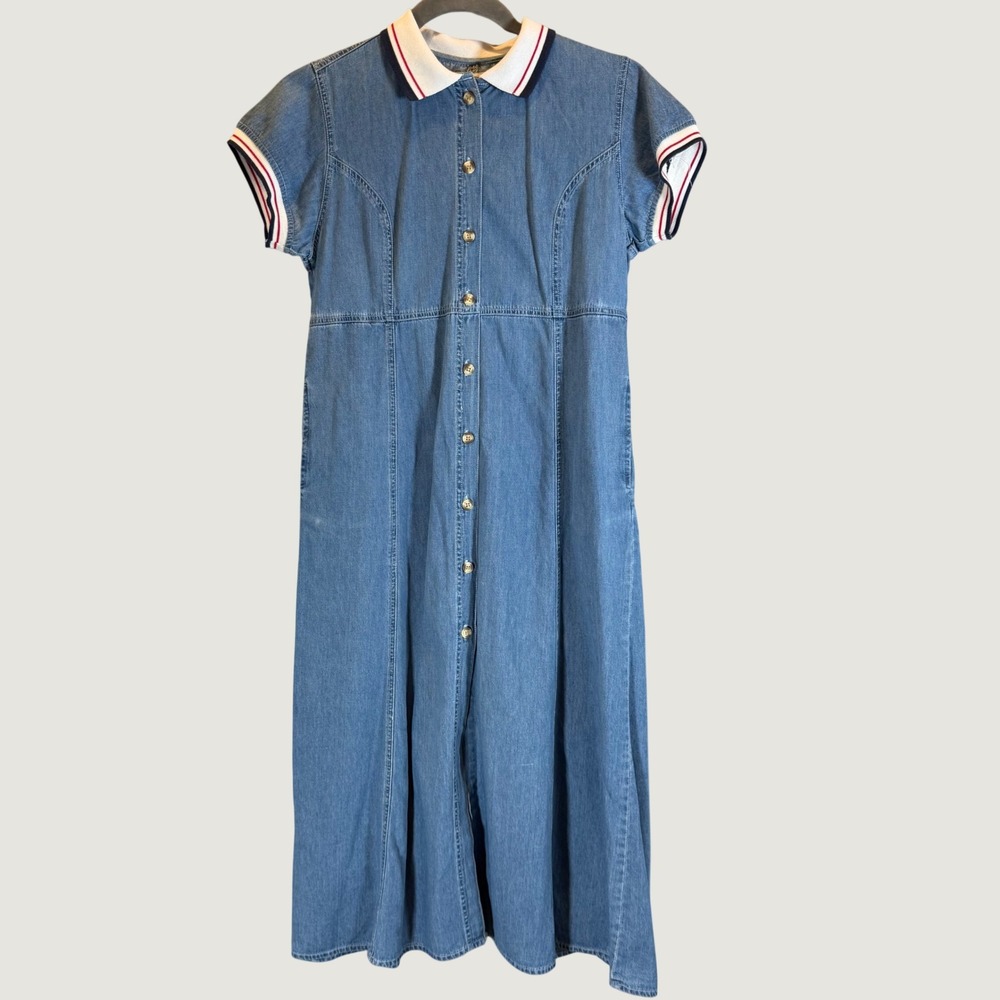 Solutions Original Womens Large Blue Denim Maxi Dress Button Front Striped Trim
